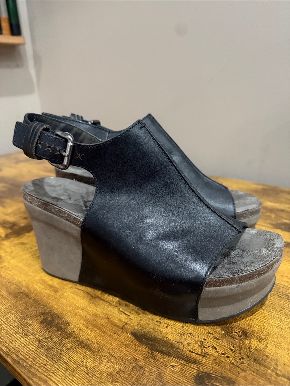 OTBT Black Leather Open-Back Wedge Sandals